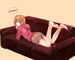 Rule 34 | 1girl, bad id, bad pixiv id, barefoot, brown eyes, brown hair, character name, couch, feet, hood, hoodie, kagerou project, kisaragi momo, legs up, lying, maro (gj world), orange hair, shorts, side ponytail, soles, solo, speech bubble, toes