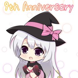 Rule 34 | 1girl, anniversary, ayachi nene, belt, belt bra, black cloak, black hat, black sleeves, blush, bow, breasts, chibi, cleavage, cloak, commentary request, detached sleeves, english text, grey hair, hair between eyes, hair bow, hair ribbon, hands up, happy, hat, highres, jewelry, large breasts, long hair, looking at viewer, navel, necklace, open mouth, pink belt, pink bow, purple eyes, ribbon, sanoba witch, simple background, sleeves past wrists, smile, solo, striped bow, taiga5556, tareme, upper body, very long hair, white background, wide sleeves, witch hat, yellow ribbon