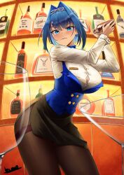 Rule 34 | 1girl, absurdres, alcohol, bartender, black skirt, blue eyes, blue hair, breasts, brown pantyhose, bursting breasts, button gap, chain, cleavage, closed mouth, cocktail shaker, commentary, english commentary, fang, hair intakes, highres, holding shaker, hololive, hololive english, kuraodo 0, large breasts, leaning forward, long sleeves, looking at viewer, medium hair, ouro kronii, pantyhose, skin fang, skirt, smile, solo, virtual youtuber, whiskey, white wrist cuffs, wrist cuffs