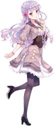 Rule 34 | 1girl, black footwear, black pantyhose, bracelet, breasts, character request, dress, floating hair, flower, from side, full body, hair flower, hair ornament, high heels, highres, hiten (hitenkei), jewelry, leg up, long hair, looking at viewer, pantyhose, parted lips, purple hair, red eyes, red flower, shoes, small breasts, solo, standing, strappy heels, transparent background, very long hair