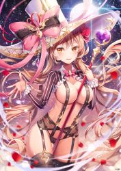 Rule 34 | 1girl, artist name, bad id, bad pixiv id, between breasts, blonde hair, bow, bowtie, breasts, cleavage, cleft of venus, cowboy shot, fishnets, garter belt, garter straps, gluteal fold, hat, holding, holding staff, large breasts, large hat, long hair, looking at viewer, moon, open mouth, original, petals, pink bow, pink bowtie, revealing clothes, see-through, sky, smile, solo, staff, star (sky), star (symbol), starry background, starry sky, strap between breasts, thighhighs, thighs, tobi (mue86), top hat, very long hair, wavy hair, white hat, yellow eyes