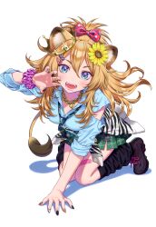 Rule 34 | 1girl, absurdres, all fours, animal ear fluff, animal ears, animal print, bandaid, bandaid on leg, blonde hair, blue eyes, blush, breasts, clothes around waist, crown, fangs, fingernails, flower, full body, hair flower, hair ornament, hairclip, hand up, highres, jacket, jacket around waist, jewelry, lion ears, lion tail, lips, long hair, looking at viewer, loose socks, medium breasts, mini crown, morikura en, nail polish, necklace, necktie, open mouth, original, pleated skirt, polka dot, ribbon, scan, scrunchie, shadow, shirt, shoes, simple background, skirt, sleeves rolled up, socks, sunflower, sunflower hair ornament, tail, teeth, torn clothes, torn shirt, white background, wrist scrunchie, zebra print