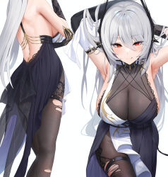 Rule 34 | 1girl, :q, aether gazer, armpits, arms up, bare shoulders, black gloves, black pantyhose, blush, breasts, closed mouth, elbow gloves, futon fly away, gloves, grey hair, hades (aether gazer), hair between eyes, highres, large breasts, long hair, looking at viewer, multiple views, pantyhose, red eyes, sideboob, simple background, smile, thigh strap, thighs, tongue, tongue out, torn clothes, torn pantyhose, white background