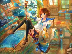 Rule 34 | 1girl, ahoge, bathtub, bed, black thighhighs, blue eyes, blue neckerchief, blush, book, breasts, broom, broom riding, brown footwear, brown hair, closed mouth, crescent, crescent hair ornament, desk, door, glowstick, hair ornament, indoors, kutsunohito, lantern, loafers, long sleeves, looking at viewer, medium breasts, neckerchief, original, phonograph, shoes, short hair, smile, solo, thighhighs, tissue, tissue box, uniform, water
