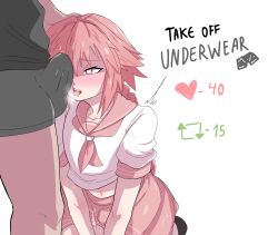 Rule 34 | 2boys, absurdres, astolfo (fate), braid, braided ponytail, bulge, collarbone, english text, erection, erection under clothes, fate/grand order, fate (series), heart, heart-shaped pupils, highres, long hair, midriff, multiple boys, navel, open mouth, pink eyes, pink hair, pink skirt, pleated skirt, school uniform, serafuku, shirt, short sleeves, simple background, skirt, symbol-shaped pupils, taku34128, teeth, tongue, trap, twitter strip game (meme), upper teeth only, very long hair, white background, white shirt