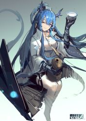 Rule 34 | 1girl, ;d, absurdres, arknights, artist name, black gloves, blue background, blue eyes, blue hair, breasts, cup, dragon girl, dragon horns, dragon tail, dress, earrings, elbow gloves, gloves, gourd, gradient background, highres, holding, holding cup, horns, jewelry, ling (arknights), long hair, long sleeves, looking at viewer, medium breasts, necktie, one eye closed, open mouth, parted lips, pointy ears, qiumoyixing, sitting, sketch, smile, solo, tail, very long hair, weibo watermark, white dress, wide sleeves, yellow necktie