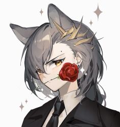Rule 34 | 1girl, absurdres, akechi (826988799), animal ears, arknights, black jacket, black necktie, brown hair, collared shirt, dress shirt, earrings, extra ears, flower, flower in mouth, formal, hair between eyes, hair ornament, highres, jacket, jewelry, lapels, long hair, looking at viewer, mole, necktie, penance (arknights), portrait, red flower, red rose, rose, shirt, simple background, solo, sparkle, suit, suit jacket, white background, white shirt, wolf ears, wolf girl, yellow eyes