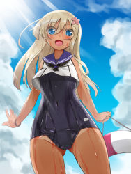 Rule 34 | 10s, 1girl, :d, blonde hair, blue eyes, crop top, flower, from below, hair flower, hair ornament, kantai collection, lifebuoy, long hair, old school swimsuit, one-piece swimsuit, one-piece tan, open mouth, ro-500 (kancolle), sailor collar, school swimsuit, smile, solo, standing, swim ring, swimsuit, swimsuit under clothes, tan, tanline, tokinobutt, wet