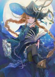 Rule 34 | 1girl, anchor, anchor hat ornament, book, boots, bow, braid, brown eyes, brown hair, dress, funamusea, hat, hat bow, hat ornament, highres, holding, holding book, holding staff, huililili0, lantern, long hair, looking at viewer, oounabara to wadanohara, open book, pointy ears, reading, sailor dress, sailor hat, solo, staff, twin braids, wadanohara, witch hat