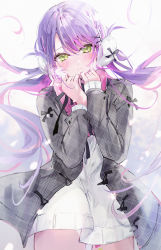 Rule 34 | 1girl, blush, closed mouth, cowboy shot, dress, green eyes, grey jacket, hair ornament, hairclip, hands up, highres, hololive, jacket, long hair, long sleeves, looking at viewer, open clothes, open jacket, pink hair, pom pom (clothes), pom pom hair ornament, purple hair, shia job, solo, sparkle, standing, tokoyami towa, twintails, very long hair, virtual youtuber, white dress, x hair ornament