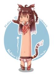 Rule 34 | 1girl, :3, ahoge, animal ears, arrow (symbol), bell, blush, braid, brown gloves, brown hair, cat ears, cat tail, chibi, closed mouth, earrings, full body, gloves, hachimitsucoffee, jewelry, jingle bell, long hair, longcat (meme), meme, outstretched arms, sennen sensou aigis, shadow, short shorts, shorts, side braid, single braid, solo, standing, tail, ur (sennen sensou aigis), white background, | |
