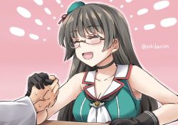 Rule 34 | 1girl, 1other, ^ ^, arm wrestling, bare shoulders, black choker, black gloves, black hair, breasts, choker, choukai (kancolle), cleavage, closed eyes, closed eyes, facing another, glasses, gloves, hat, kantai collection, large breasts, long hair, mini hat, one-hour drawing challenge, pink background, remodel (kantai collection), rimless eyewear, sleeveless, twitter username, upper body, yukiharu