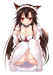 Rule 34 | 1girl, alternate costume, animal ears, ass, bare shoulders, black collar, black dress, blush, breasts, brooch, brown hair, cleavage, collar, commentary request, dress, efe, elbow gloves, embarrassed, enmaided, frilled dress, frills, gloves, hair between eyes, hands up, highres, imaizumi kagerou, jewelry, knees up, large breasts, long hair, looking at viewer, maid, maid headdress, no shoes, panties, panty pull, parted lips, paw pose, petticoat, red eyes, sitting, solo, strapless, strapless dress, tail, tears, thighs, touhou, underwear, very long hair, white gloves, white legwear, wolf ears, wolf tail