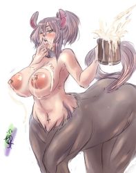 Rule 34 | 1girl, animal ears, blush, breasts, brown hair, centaur, choker, corruption of champions, cum, cum on body, cum on breasts, cum on upper body, edryn (corruption of champions), facial, green eyes, horse ears, horse tail, huge breasts, jujichanchan, lactation, large areolae, messy, monster girl, navel, navel piercing, nipple piercing, nipples, nude, piercing, ponytail, solo, tail, tankard, taur