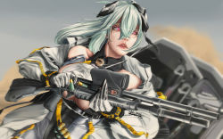 Rule 34 | 12-gauge (beretta ltlx), 1girl, ahoge, ammunition, aqua hair, ballistic shield, baton round, beretta, beretta ltlx 7000, blue sky, bodysuit, breasts, claw (weapon), cleavage, cleavage cutout, clothing cutout, cloud, computerized scope, earrings, fang, girls&#039; frontline, glowing, glowing eyes, gun, hair between eyes, highres, holding, holding gun, holding weapon, holographic weapon sight, impact round, jewelry, large breasts, less-than-lethal projectile, less-than-lethal weapon, long gun, long hair, lorenzo veronesi, ltlx 7000 (girls&#039; frontline), mecha musume, pink eyes, polymer-cased ammunition, precision-guided firearm, prototype design, pump-action shotgun, pump action, revealing clothes, riot gun, riot shotgun, rubber bullet, scope, shield, shotgun, shotgun shell, shotgun slug, sideboob, sideboob cutout, sight (weapon), skin tight, sky, smart scope, symbol in eye, telescopic sight, underboob, underboob cutout, very long hair, weapon