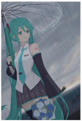 Rule 34 | 1girl, absurdres, beach, blue eyes, blue flower, blue hair, blue rose, blush, border, bouquet, chinese commentary, cloud, cloudy sky, collared shirt, commentary, detached sleeves, flower, hair ornament, hatsune miku, highres, holding, holding bouquet, holding flower, holding umbrella, long hair, long sleeves, mixed-language commentary, necktie, ocean, outdoors, pleated skirt, qian-li-xin-hen, rain, rose, shirt, skirt, sky, sleeveless, sleeveless shirt, smile, solo, thighhighs, tie clip, transparent, transparent umbrella, twintails, umbrella, very long hair, vocaloid, white flower, white rose