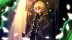 Rule 34 | + +, 1girl, :3, black jacket, black pants, blonde hair, bob cut, coat, collared jacket, commentary, don quixote (project moon), english commentary, hair between eyes, hands in pockets, highres, jacket, kali (project moon), library of ruina, limbus company, nai ga (style), pants, pouch, project moon, short hair, solo, sparkle, thesilenceart, trench coat, yellow eyes