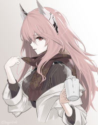 Rule 34 | 1girl, animal ear fluff, breasts, brown scarf, brown sweater, commentary, cup, from side, girls&#039; frontline, girls&#039; frontline neural cloud, happy valentine, holding, holding cup, ingerdoll, long hair, looking at viewer, medium breasts, open mouth, persica (girls&#039; frontline), pink hair, profile, red eyes, robe, scarf, simple background, sleeves rolled up, solo, sweater, twitter username, upper body, valentine, white robe