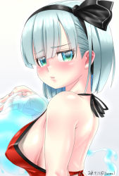 Rule 34 | 1girl, artist name, bare back, bare shoulders, black hairband, blush, breasts, chinese clothes, covered erect nipples, dated, dudou, hairband, konpaku youmu, konpaku youmu (ghost), large breasts, looking at viewer, looking back, nose blush, short hair, sideboob, silver hair, skindentation, solo, touhou, zanma