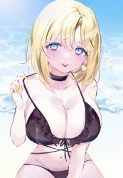Rule 34 | 1girl, :p, absurdres, bad id, bad twitter id, bikini, blonde hair, blue eyes, blush, breasts, cleavage, earrings, eyelashes, frilled bikini, frills, heart, heart earrings, highres, hololive, hololive english, jewelry, large breasts, looking at viewer, mile (off8mile), mole, mole on breast, nail polish, navel, ocean, short hair, sitting, solo, swimsuit, tongue, tongue out, virtual youtuber, watson amelia, wet, yellow nails