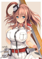 Rule 34 | 1girl, absurdres, anchor, blue eyes, breast pocket, breasts, brown hair, cannon, dress, flight deck, gun, hair between eyes, highres, holding, holding gun, holding weapon, kantai collection, large breasts, machinery, neckerchief, pocket, ponytail, red neckerchief, saratoga (kancolle), short sleeves, side ponytail, sidelocks, smile, smokestack, smokestack hair ornament, solo, takase muh, turret, upper body, weapon, white dress
