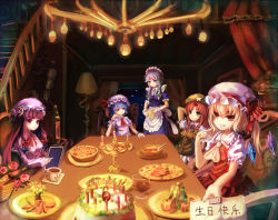 Rule 34 | 5girls, apron, ascot, bat wings, blonde hair, blue hair, book, bow, braid, cake, chair, chandelier, crescent, female focus, flandre scarlet, food, green eyes, grey eyes, grey hair, hair bow, hat, highres, hong meiling, izayoi sakuya, long hair, maid headdress, multiple girls, patchouli knowledge, purple eyes, purple hair, red eyes, red hair, remilia scarlet, short hair, side ponytail, sitting, stairs, star (symbol), touhou, translation request, twin braids, waist apron, wings, zerii (cdcdqqq)