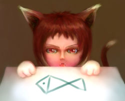 Rule 34 | 1girl, angry, animal ears, cat ears, fish, ikelag, looking at viewer, open mouth, red eyes, red hair, simple background, solo, tail