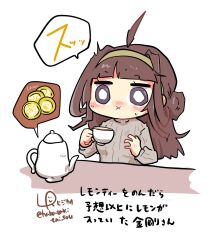 Rule 34 | 1girl, :x, ahoge, alternate costume, brown hair, brown sweater, commentary, cup, double bun, food, fruit, hair bun, hairband, highres, kantai collection, kongou (kancolle), lemon, lemon slice, long hair, lr hijikata, ribbed sweater, simple background, solo, sweater, teacup, teapot, translation request, white background