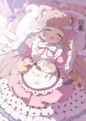 Rule 34 | 1girl, animal ear fluff, animal ears, bag, blunt bangs, blush, bow, breasts, brown hair, closed eyes, commission, dress, frills, from above, hair bow, hair ornament, hairpin, hamster, hamster ears, hamster girl, highres, long hair, long sleeves, looking at viewer, lying, medium breasts, on back, one eye closed, open mouth, original, pink dress, puffy sleeves, shoulder bag, sidelocks, skeb commission, smile, solo, thick eyebrows, tyakomes