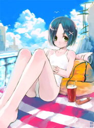 Rule 34 | 1girl, artist name, bag, bare shoulders, barefoot, bird, black hair, building, cloud, day, green eyes, koin (foxmark), one-piece swimsuit, original, short hair, signature, sitting, sky, solo, swimsuit, water, white one-piece swimsuit
