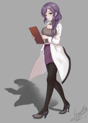 Rule 34 | 1girl, absurdres, aqua eyes, artist name, artist request, belt, black pantyhose, blush, braid, breasts, cardigan, cleavage, cleavage cutout, clothing cutout, doctor, female focus, full body, green eyes, grey footwear, grey shirt, grey sweater, hair over shoulder, high heels, highres, holding, jacket, long hair, looking at viewer, love live!, love live! school idol project, low-tied long hair, medium breasts, pantyhose, parted lips, purple hair, purple skirt, shirt, single braid, skirt, smile, solo, striped clothes, striped shirt, sweater, tojo nozomi, vertical-striped clothes, vertical-striped shirt, vertical-striped sweater, white belt, white cardigan, white jacket