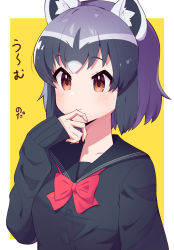 Rule 34 | 1girl, :/, alternate costume, animal ears, bad id, bad pixiv id, black sweater, blue hair, blush, bow, bowtie, buttons, common raccoon (kemono friends), grey hair, hand on own face, highres, kemono friends, long sleeves, multicolored hair, raccoon ears, raccoon girl, red bow, red bowtie, sailor collar, school uniform, short hair, sleeves past wrists, solo, sweater, takom, translation request, upper body, yellow eyes
