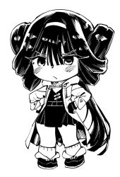 Rule 34 | 1girl, black hair, blush, breasts, chibi, coat, commentary request, dress, fingerless gloves, frown, full body, fur-trimmed coat, fur trim, girls&#039; frontline, gitoshinp, gloves, greyscale, hairband, hands on own hips, high contrast, long hair, looking at viewer, monochrome, open clothes, qbu-88 (girls&#039; frontline), shoes, sidelocks, sketch, small breasts