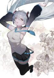 Rule 34 | 1girl, anths, aqua necktie, armpits, arms up, black footwear, black skirt, blue hair, boots, breasts, detached sleeves, floating clothes, floating hair, flower, grey eyes, hatsune miku, highres, long sleeves, looking at viewer, medium breasts, necktie, open mouth, shirt, skirt, sleeveless, sleeveless shirt, solo, vocaloid, white shirt