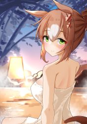 1girl animal_ears bare_arms bare_shoulders blush breasts brown_hair fine_motion_(umamusume) from_behind green_eyes hair_between_eyes highres horse_ears komb large_breasts looking_at_viewer looking_back naked_towel onsen outdoors ponytail short_hair sidelocks smile solo tail towel umamusume water