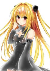 Rule 34 | 1girl, 28aarts, bad id, bad pixiv id, black dress, blonde hair, brown eyes, cleavage cutout, clothing cutout, detached sleeves, dress, eyebrows, hair ornament, konjiki no yami, long hair, looking at viewer, simple background, solo, star cutout, to love-ru, white background
