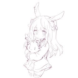 Rule 34 | 1girl, animal ears, arknights, blush, bow, closed mouth, cropped legs, ear piercing, greyscale, hair bow, highres, jacket, long hair, meng xue necky, monochrome, hugging object, piercing, rabbit ears, rope (arknights), simple background, solo, stuffed animal, stuffed rabbit, stuffed toy, thighhighs, white background