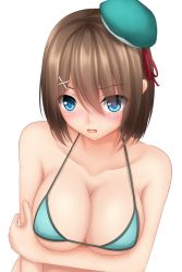 Rule 34 | &gt;:d, 10s, 1girl, :d, adapted costume, bare arms, bare shoulders, beret, bikini, blue eyes, blush, breast hold, breasts, brown hair, cleavage, collarbone, covered erect nipples, eyebrows, green bikini, green hat, hair between eyes, hair ornament, hairclip, hand on own arm, hat, holding own arm, kantai collection, large breasts, looking at viewer, maya (kancolle), maya kai ni (kancolle), open mouth, short hair, smile, solo, strap gap, swimsuit, tapisuke, transparent background, upper body, v-shaped eyebrows, x hair ornament