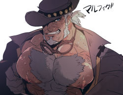 Rule 34 | 1boy, bara, bare pectorals, blue eyes, chest hair, coat, facial hair, goatee, goggles, goggles around neck, grey hair, hairy, highres, large pectorals, live a hero, male focus, marfik (live a hero), muscular, nipples, old, old man, open clothes, open coat, pectoral focus, pectorals, purple headwear, rybiok, short hair, sideburns, smirk, solo, undressing, upper body, wet