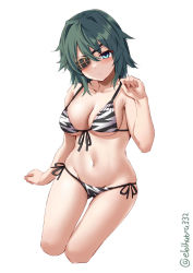 Rule 34 | 1girl, bare arms, bare legs, bare shoulders, bikini, blush, breasts, cleavage, collarbone, cropped legs, ebifurya, eyepatch, feet out of frame, front-tie bikini top, front-tie top, green eyes, green hair, groin, hair between eyes, highres, kantai collection, kiso (kancolle), medium breasts, multicolored bikini, multicolored clothes, navel, parted lips, short hair, side-tie bikini bottom, simple background, solo, swimsuit, twitter username, white background, white bikini