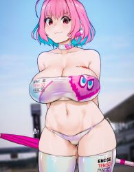 Rule 34 | 1girl, absurdres, ahoge, aqua hair, arms behind back, aurahack, bare shoulders, blue hair, blue sky, blush, breast tattoo, breasts, choker, cleavage, closed mouth, closed umbrella, clothes writing, collarbone, curvy, day, earrings, fang, fang out, groin, heart, highleg, highres, huge ahoge, huge breasts, idolmaster, idolmaster cinderella girls, jewelry, large breasts, latex, latex legwear, looking at viewer, multicolored hair, navel, outdoors, panties, pill earrings, pink eyes, pink hair, race queen, shiny clothes, shiny legwear, short hair, signature, skindentation, sky, smile, solo, standing, stomach, strapless, tattoo, textless version, thick thighs, thighhighs, thighs, tube top, twitter username, two-tone hair, umbrella, underwear, yumemi riamu