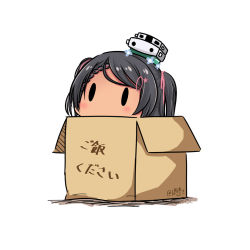 Rule 34 | 1girl, black hair, box, braid, cardboard box, dated, hatsuzuki 527, in box, in container, kantai collection, scirocco (kancolle), short hair, simple background, solid oval eyes, solo, tan, translation request, twitter username, two side up, white background, | |