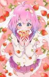 Rule 34 | blush, candy hair ornament, crepe, eating, flower, food, food-themed hair ornament, fruit, green eyes, hair ornament, hairclip, hatanaka marie, heterochromia, highres, himemori luna, holding, holding food, hololive, multicolored hair, pink hair, purple eyes, sailor collar, skirt, strawberry, strawberry blossoms, sweater, virtual youtuber