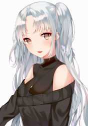 Rule 34 | 1girl, absurdres, ame 816, bare shoulders, black sweater, blush, breasts, brown eyes, character request, commentary request, copyright request, covered collarbone, earrings, fang, grey hair, highres, jewelry, long hair, long sleeves, looking at viewer, necklace, off-shoulder sweater, off shoulder, open mouth, simple background, smile, solo, sweater, twintails, upper body, white background