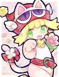 Rule 34 | 1girl, amitie (puyopuyo), animal hat, bell, belt, blonde hair, bow, buckle, cat hat, doradorakingyo, green bracelet, green eyes, hat, hat bell, heart, heart-shaped buckle, jingle bell, looking at viewer, open mouth, puyopuyo, puyopuyo fever, puyopuyo quest, red belt, red hat, solo, tail, tail bow, tail ornament, winged hat