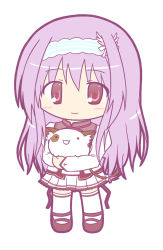 Rule 34 | 1girl, amaha miu, animal, animal hug, blush, brown footwear, brown ribbon, chibi, closed mouth, commentary request, full body, hair between eyes, hairband, juliet sleeves, long hair, long sleeves, looking at viewer, mashiroiro symphony, pleated skirt, puffy sleeves, purple hair, red eyes, ri-net, ribbon, school uniform, shirt, simple background, skirt, smile, solo, standing, striped clothes, striped hairband, thighhighs, very long hair, white background, white shirt, white skirt, white thighhighs