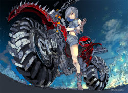 Rule 34 | 1girl, ankle boots, artist name, bare shoulders, belt, belt boots, blue hair, blue shorts, boots, breasts, brown gloves, closed mouth, cloud, commentary request, cross-laced footwear, demizu posuka, from below, full body, glint, gloves, head tilt, unworn headwear, helmet, unworn helmet, holding, holding clothes, holding gloves, lace-up boots, medium breasts, midriff, motor vehicle, motorcycle, motorcycle helmet, original, purple eyes, putting on gloves, short hair, shorts, silver hair, single glove, sky, sleeveless, smile, smoke, solo, spikes, star (sky)