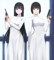 Rule 34 | 2girls, absurdres, black eyes, black hair, blunt ends, bob cut, closed mouth, commentary request, dress, gun, handgun, high collar, highres, hime cut, holding, holding gun, holding weapon, long dress, long hair, long sleeves, looking at viewer, luger p08, m1911, multiple girls, nguyen tam lee, open mouth, original, short hair, simple background, smile, standing, straight hair, trigger discipline, vietnamese dress, weapon, white background, white dress