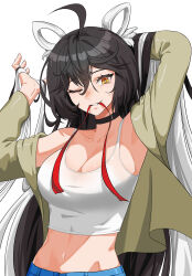 Rule 34 | 1girl, absurdres, ahoge, alfie (tmdals7645), alternate costume, ara haan, arm up, armpits, black hair, breasts, character request, check character, choker, cleavage, collarbone, crop top, elsword, green jacket, hand in own hair, hand up, highres, jacket, large breasts, long sleeves, looking at viewer, midriff, mouth hold, multicolored hair, navel, one eye closed, ribbon, shirt, simple background, solo, tank top, teeth hold, two-tone hair, upper body, white background, white hair, white shirt