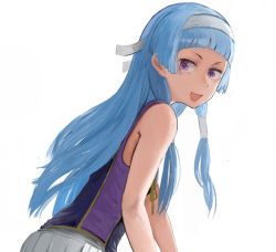 Rule 34 | 1girl, :d, blue hair, cowboy shot, diva (hyxpk), from side, highres, kannagi, long hair, looking at viewer, looking to the side, nagi, open mouth, pleated skirt, purple eyes, purple shirt, shirt, short sleeves, simple background, skirt, smile, solo, white background, white skirt